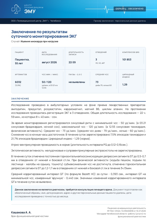 Первый лист заключения: карточка показателей и текст врача